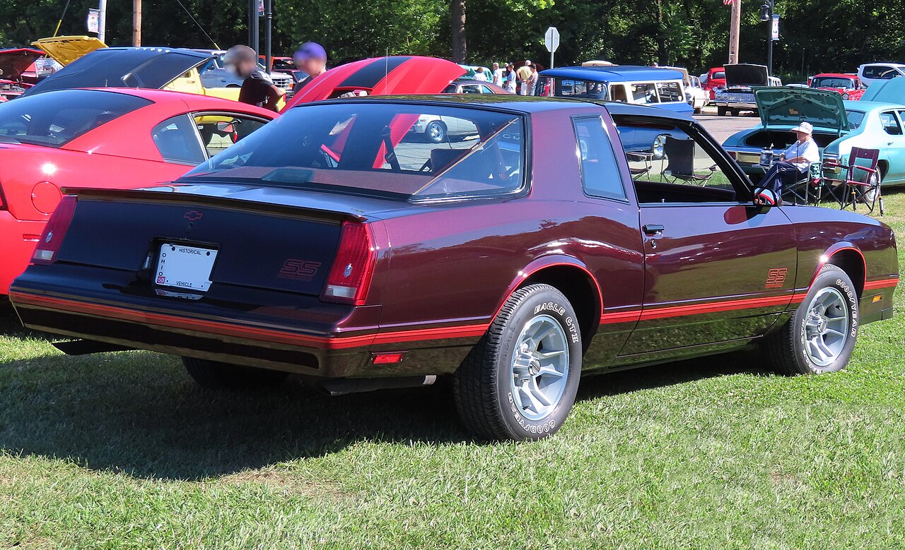 Maroon 1987 Chevrolet Monte Carlo SS Aerocoupe from the rear